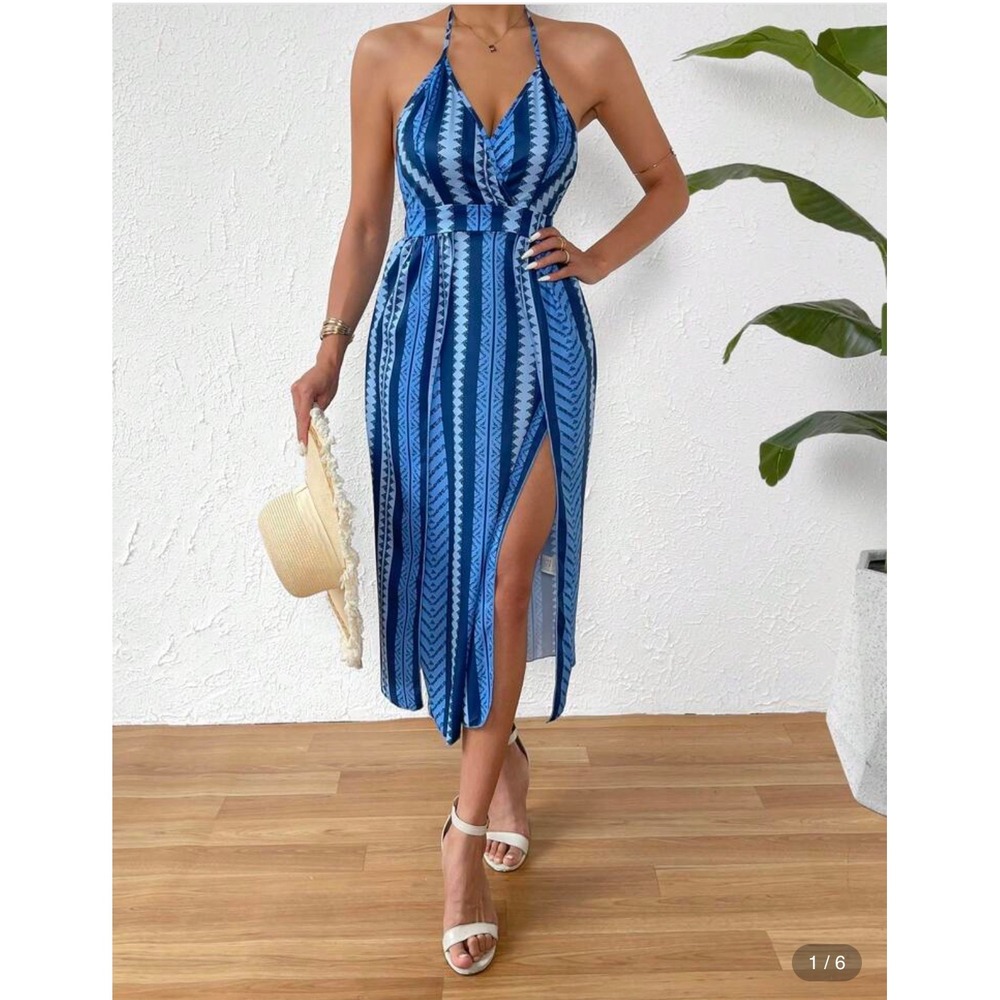 Stylish Blue Patterned Midi Dress